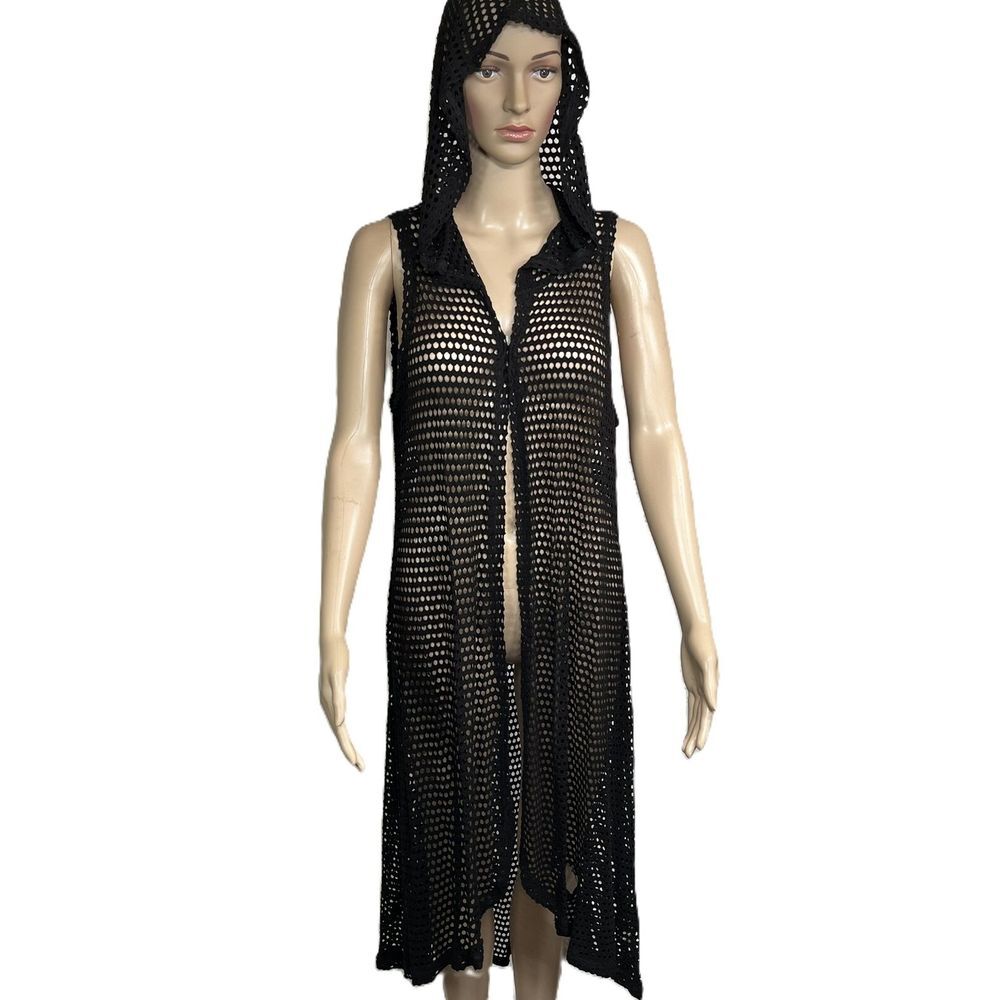 SJS Women's Plus Size Sleeveless Hooded Mesh Long Cardigan Black 1X